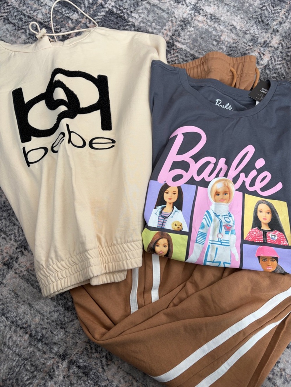 3 Piece Set Barbie Top Bebe Sport Crop And Tan Stripe Pants Women’s 3X